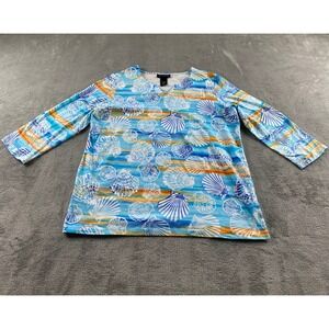 Alfred Dunner Studio Womens S. Blue Seashell Striped 3/4 Sleeve Split Neck Top